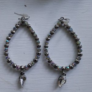 INC silver sparkly rhinestone teardrop hoop earrin